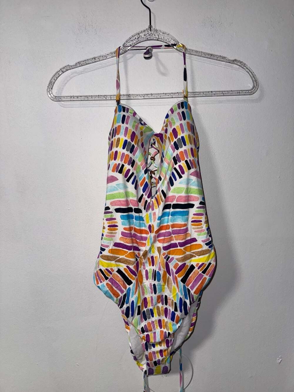 Bar III White Multi Kaleidoscope Printed Halter Lace-Up Back One-Piece Swimsuit